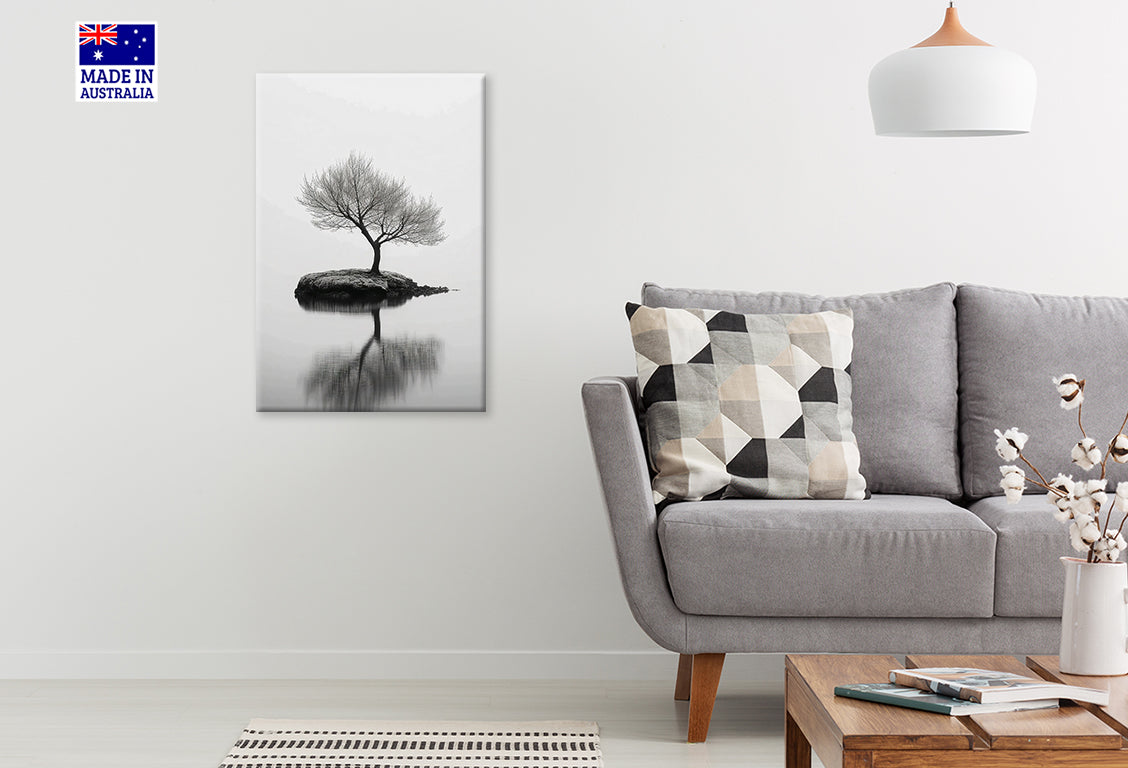 Gloomy Lone Tree on An Island Lake Print 100% Australian Made 40x60cm Stretched Canvas Ready to Hang