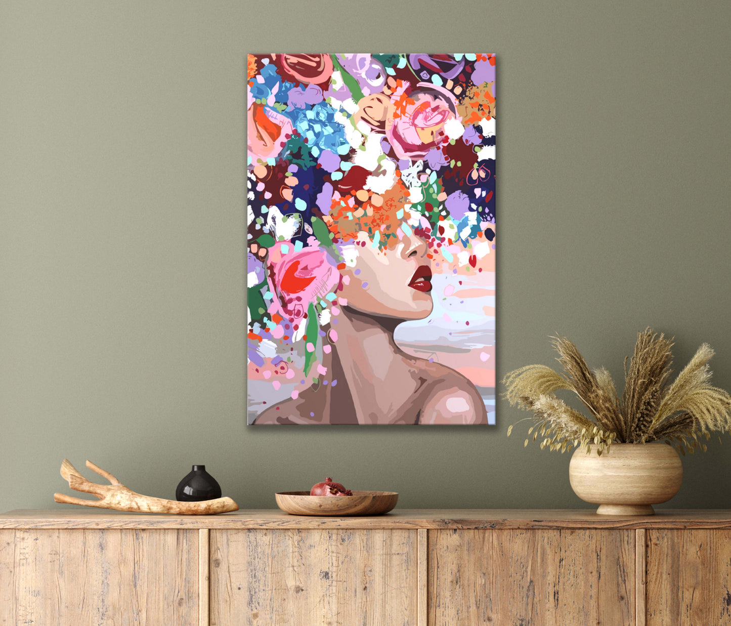 Painting Of A Flower Over A Woman's Head Print 100% Australian Made 40x60cm Stretched Canvas Ready to Hang