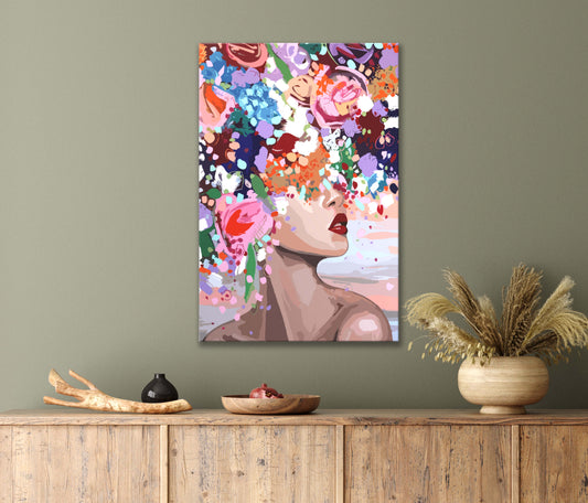 Painting Of A Flower Over A Woman's Head Print 100% Australian Made 40x60cm Stretched Canvas Ready to Hang