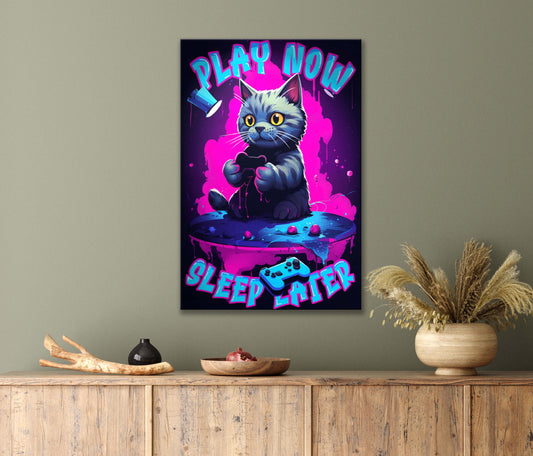 A Cute Cat Is Playing a Video Game on Their Skateboard Print 100% Australian Made 40x60cm Stretched Canvas Ready to Hang