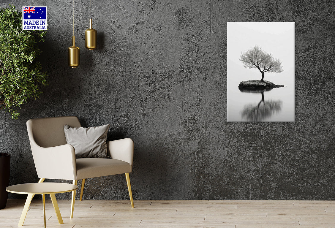 Gloomy Lone Tree on An Island Lake Print 100% Australian Made 40x60cm Stretched Canvas Ready to Hang