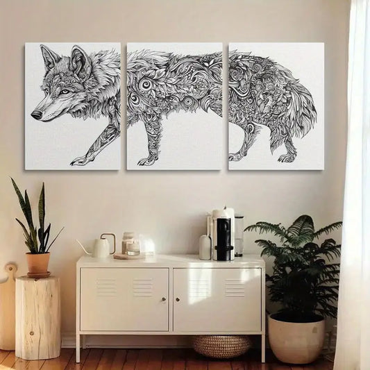 3pcs Elegant Wolf Design Unique Monochromatic Metal Print Ready to Hang Art