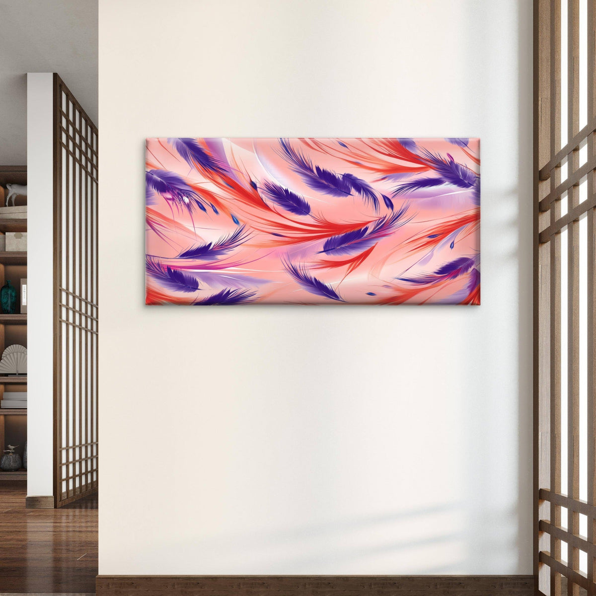 Purple Red Feather Painting Wall Art Canvas Office Home Room Framed 80x45cm