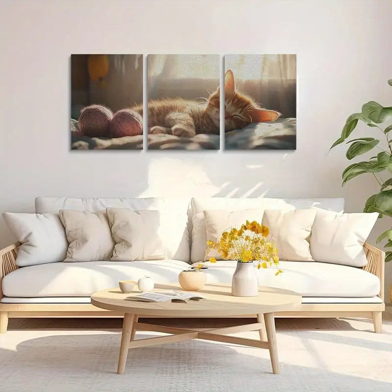 3pcs Cute Cat Sleeping on Bed Vibrant Animal Metal Print Ready to Hang Art