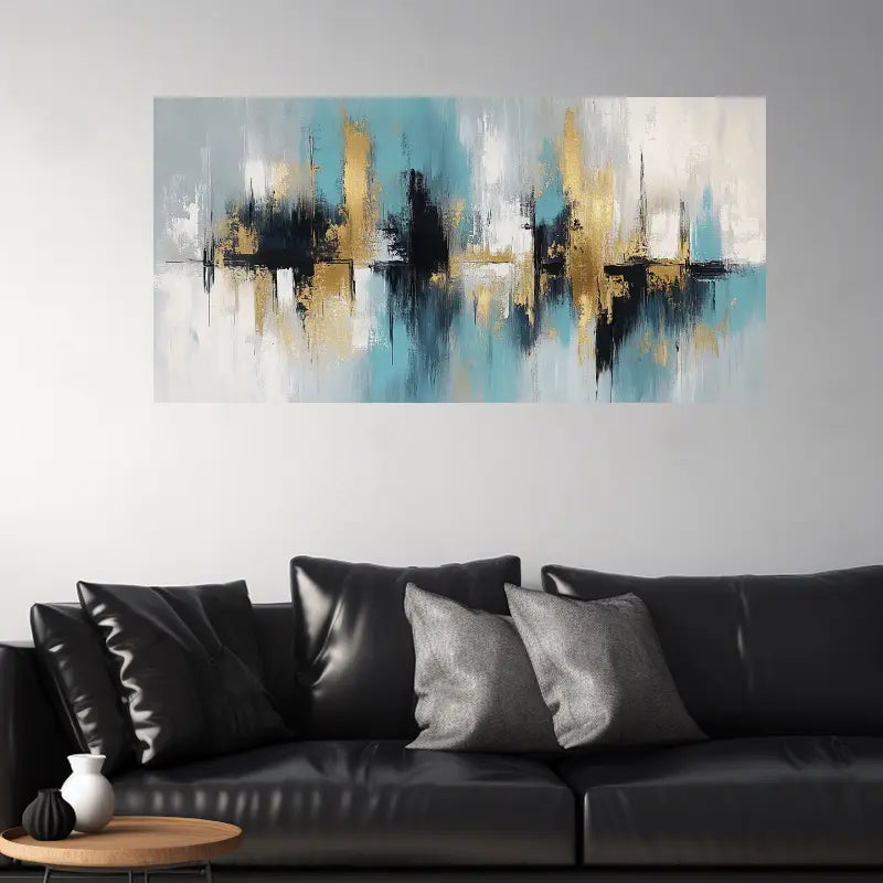 Contemporary Blue & Golden Brushstroke Design Wall Art wall canvas office home room framed 120x60cm