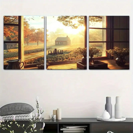3pcs Warm Pastoral Golden Sunset Scenery Metal Print Ready to Hang Art