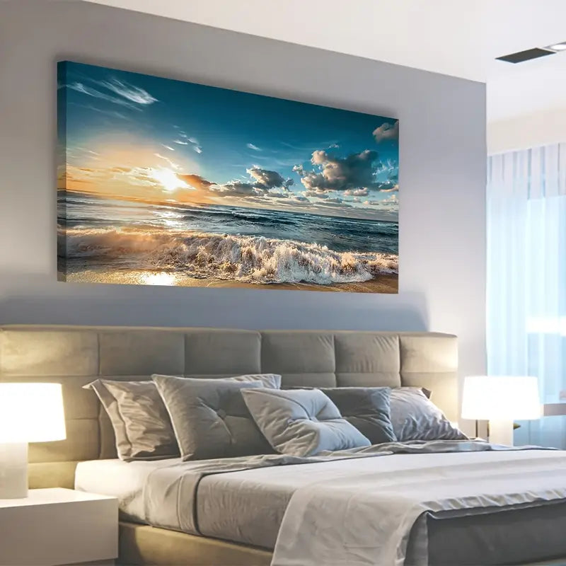 Sunset Beach Blue Ocean Nature Wall Art canvas office home room framed 120x60cm