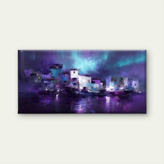 Purple Night City Waterfront Wall Art Canvas Office Home Room Framed 80x45cm