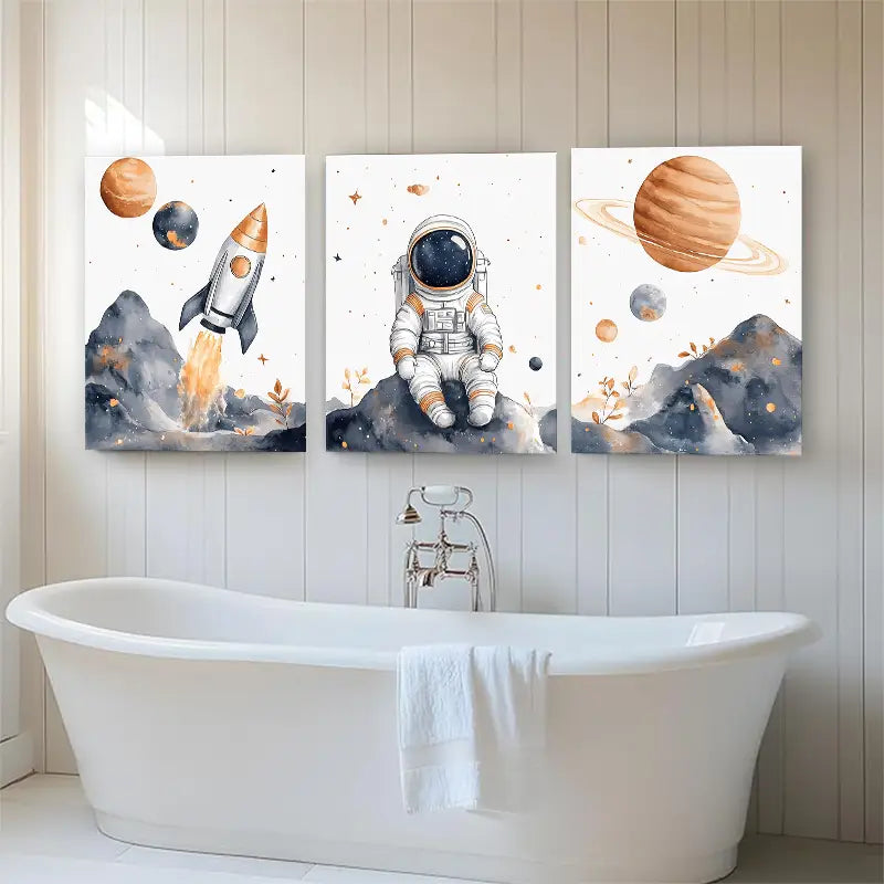 3pcs Astronaut Space with Rocket & Planets Metal Print Ready to Hang Art