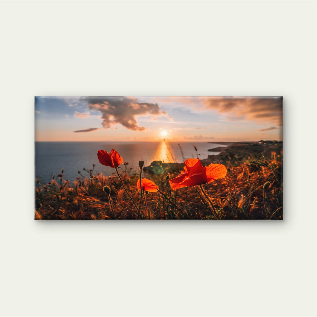 Poppies Spring Sea with Sunset Sky Coastline Wall Art Canvas Office Home Room Framed 80x45cm