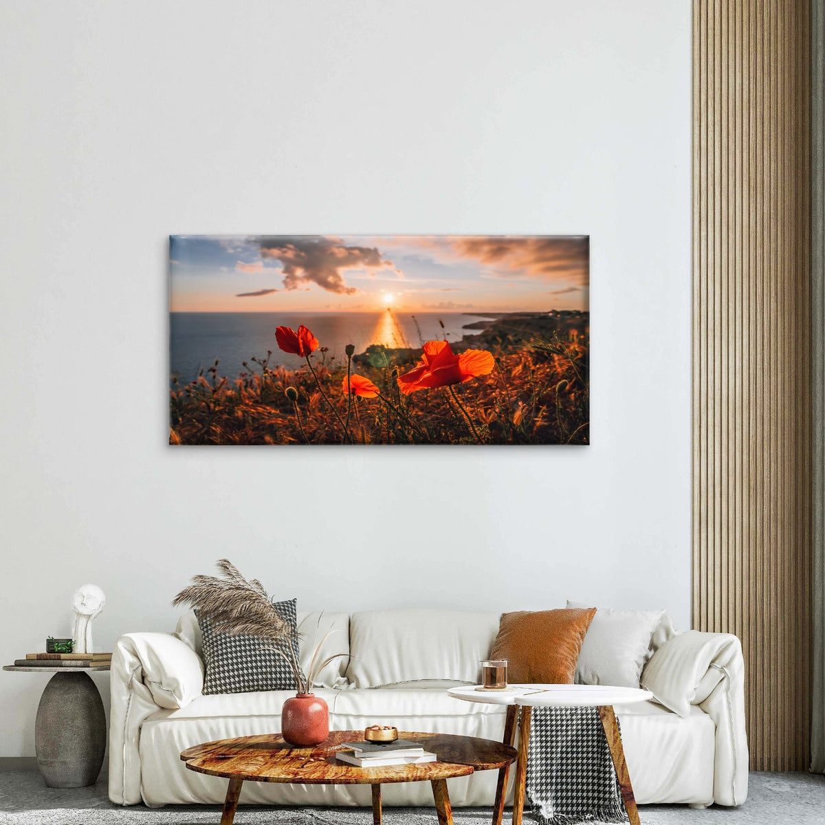 Poppies Spring Sea with Sunset Sky Coastline Wall Art Canvas Office Home Room Framed 80x45cm