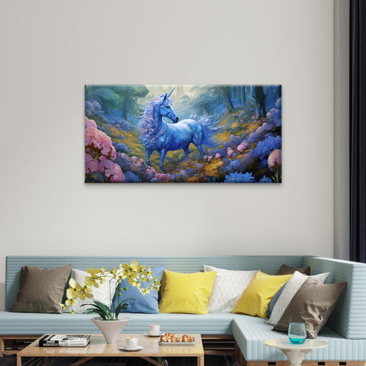 Mystic Blue Unicorn Forest Fantasy Meadow Wall Art Canvas Office Home Framed 80x45cm