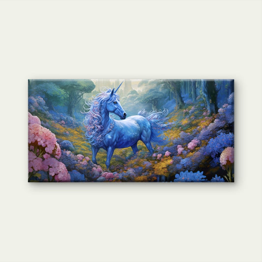 Mystic Blue Unicorn Forest Fantasy Meadow Wall Art Canvas Office Home Framed 80x45cm