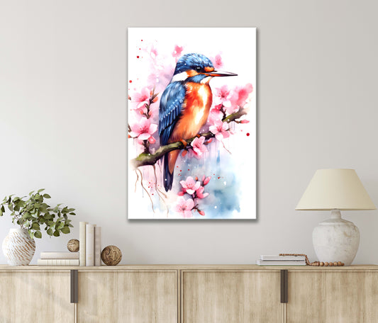 Watercolor Bird Perched on A Branch with Spring Blossoms Print 100% Australian Made 40x60cm Stretched Canvas Ready to Hang