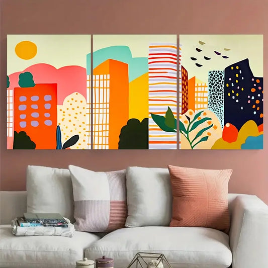 3pcs Colorful City Skyline Orange Metal Print Ready to Hang Art