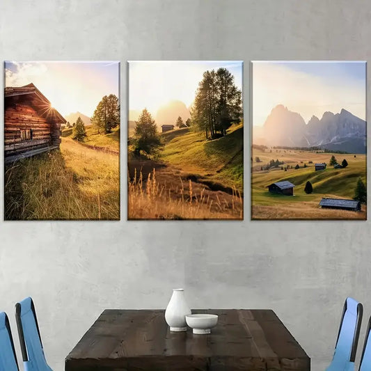 3pcs Modern Nature Plains Mountains Countryside Farmhouse Landscape Art Wall Art Set Canvas Framed 40x60cm - High Quality Print 100% Australian Made Wall Canvas Ready to Hang