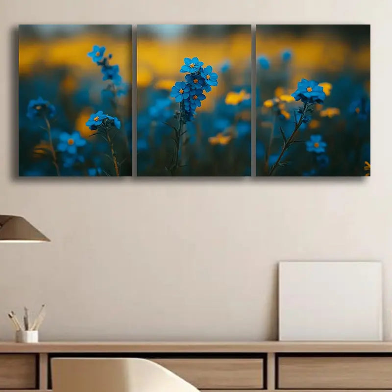 3pcs Blue and Yellow Wildflowers Photograph Metal Print Ready to Hang Art