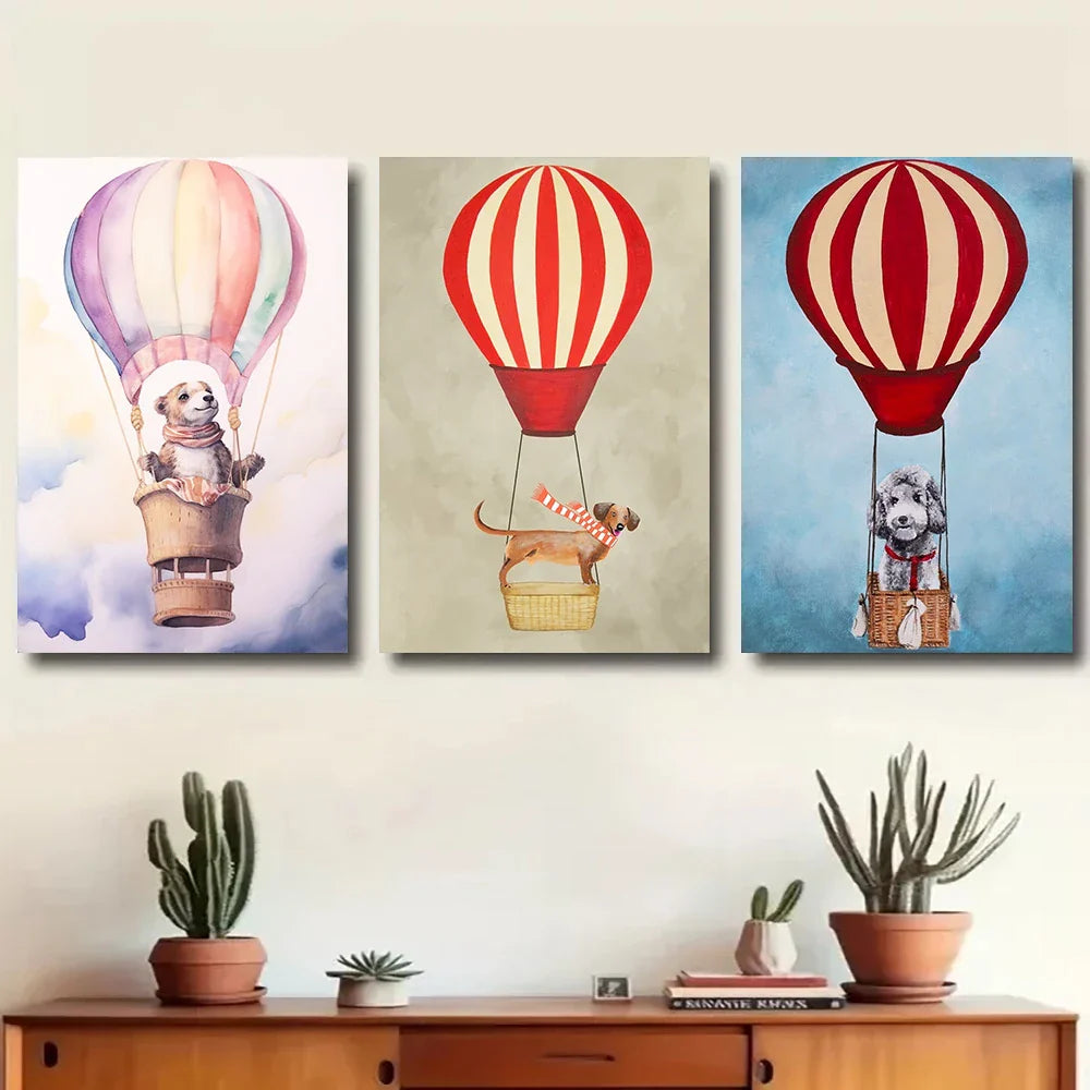 3pcs Dog Hot Air Balloon Colorful Classic Design Metal Print Ready to Hang Art