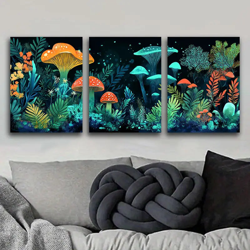 3pcs Underwater Mushroom Theme Metal Print Ready to Hang Art