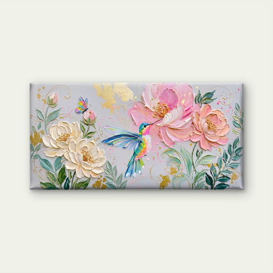 Hummingbird Pink Rose Floral Paint Wall Art Canvas Office Home Framed 80x45cm