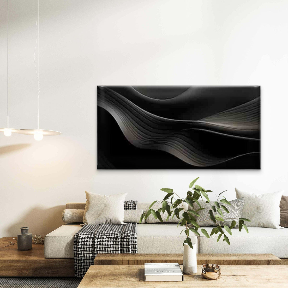 Black Wave Line Patterns Wall Art Canvas Office Home Room Framed 80x45cm