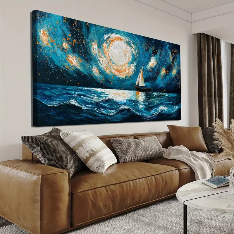 Coastal Beach Starry Nights Wall Art canvas office home room framed 120x60cm