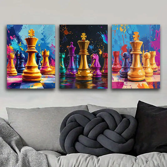 3pcs Featuring a Digital Illustration of a Chess Piece Metal Print Ready to Hang Art