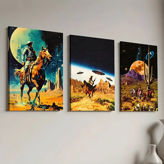 3pcs Modern Abstract Starry Sky Cowboy UFO Art Wall Art Set Canvas Framed 40x60cm - High Quality Print 100% Australian Made Wall Canvas Ready to Hang