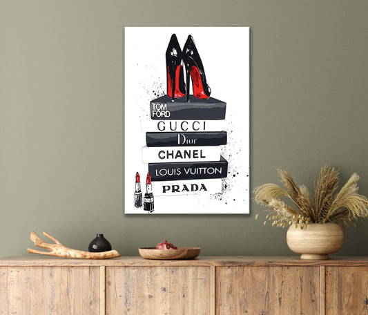 Books Of Famous Signature Brands With Heels Print 100% Australian Made 40x60cm Stretched Canvas Ready to Hang