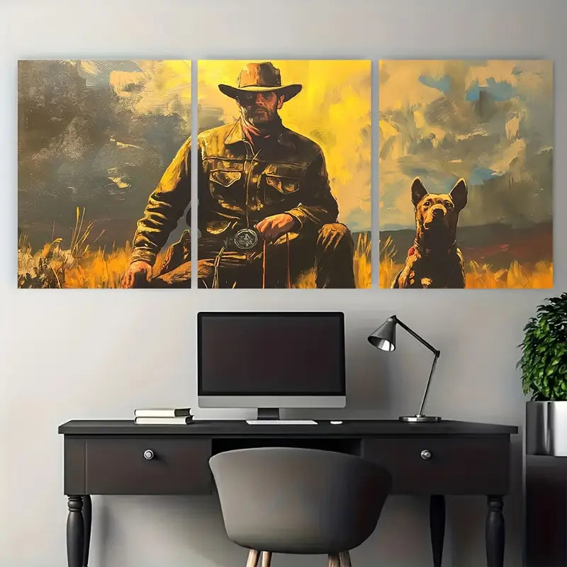 3pcs Vintage Cowboy with Dog Western Metal Print Ready to Hang Art