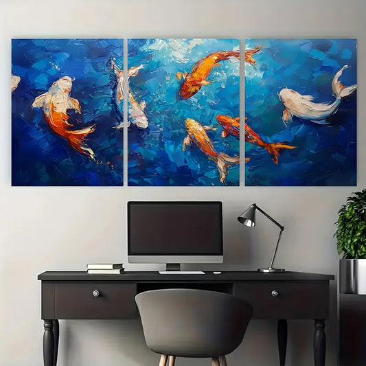 3pcs Koi Fish Pond Colorful Water Metal Print Ready to Hang Art