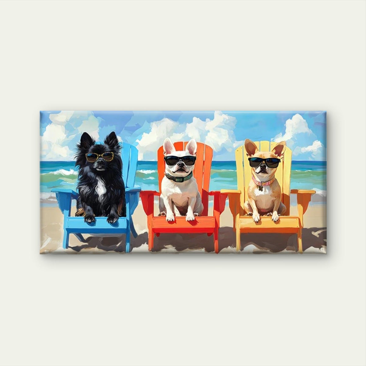 Beach Dogs in Fashion Glasses Wall Art Canvas Office Home Room Framed 80x45cm