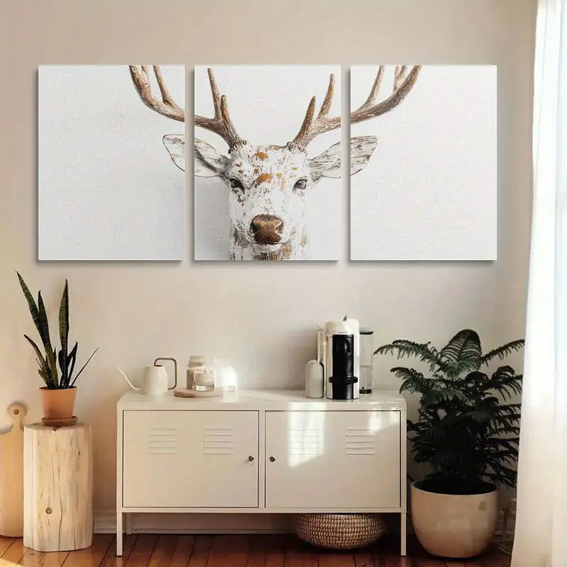 3pcs Rustic Deer Head White and Brown Metal Print Ready to Hang Art