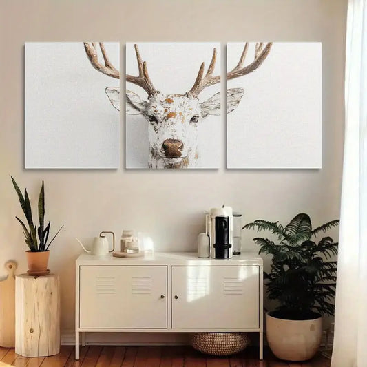 3pcs Rustic Deer Head White and Brown Metal Print Ready to Hang Art