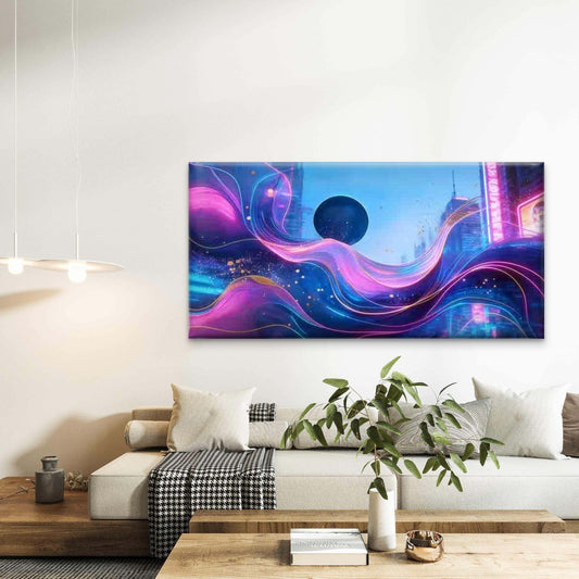 Neon Wave Futuristic City Wall Art Canvas Office Home Room Framed 80x45cm