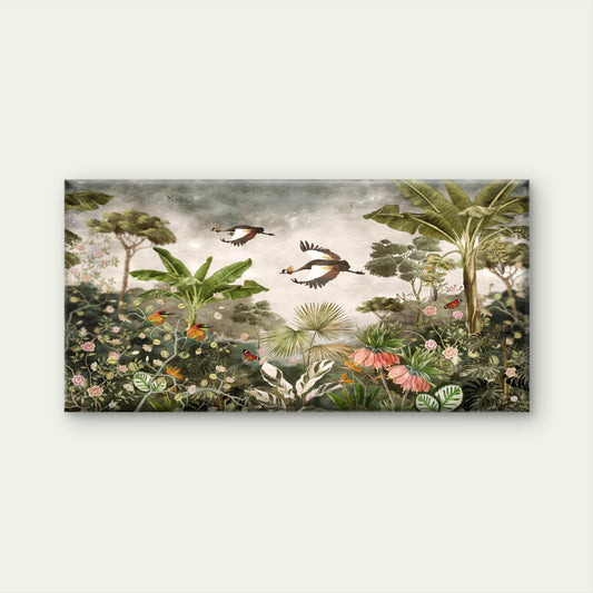 Vintage Tropical Jungle Crane Scene Wall Art Canvas Office Home Room Framed 80x45cm