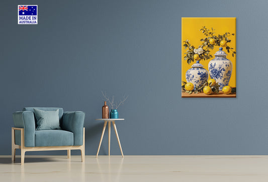 Vases With Lemons and a Flower Painting Print 100% Australian Made 40x60cm Stretched Canvas Ready to Hang