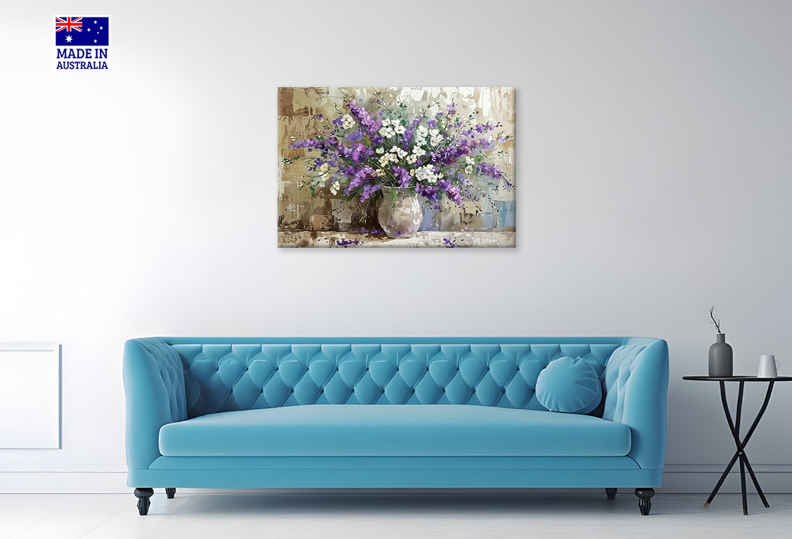 White Purple Flower Vase Painting Print 100% Australian Made 60x40cm Stretched Canvas Ready to Hang