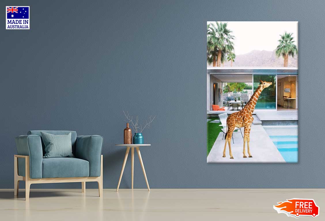 Giraffe Near Pool Fashion Design Print 100% Australian Made Stretched Canvas Ready to Hang -  FS - 117