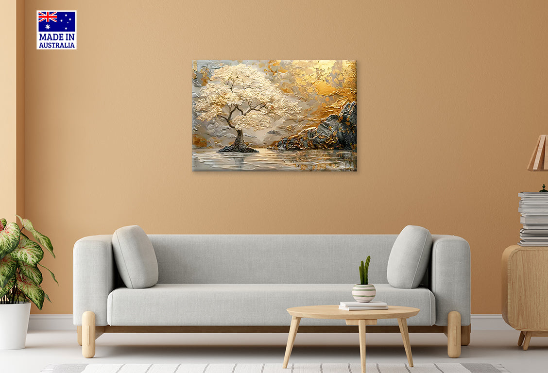 Golden Majestic Tree Lake Mountains Print 100% Australian Made 60x40cm Stretched Canvas Ready to Hang