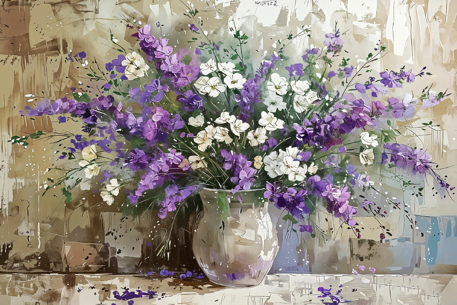 White Purple Flower Vase Painting Print 100% Australian Made 60x40cm Stretched Canvas Ready to Hang