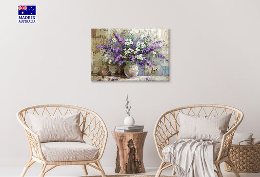 White Purple Flower Vase Painting Print 100% Australian Made 60x40cm Stretched Canvas Ready to Hang