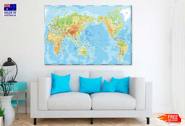 Pacific Centered Color World Map Print 100% Australian Made Stretched Canvas Ready to Hang - MP-103