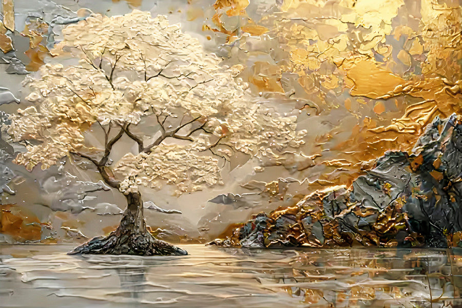 Golden Majestic Tree Lake Mountains Print 100% Australian Made 60x40cm Stretched Canvas Ready to Hang