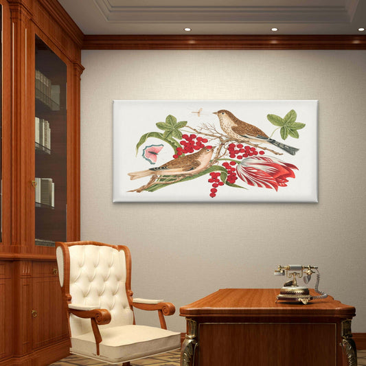 Antique Songbird Floral Study Wall Art Canvas Office Home Room Framed 80x45cm