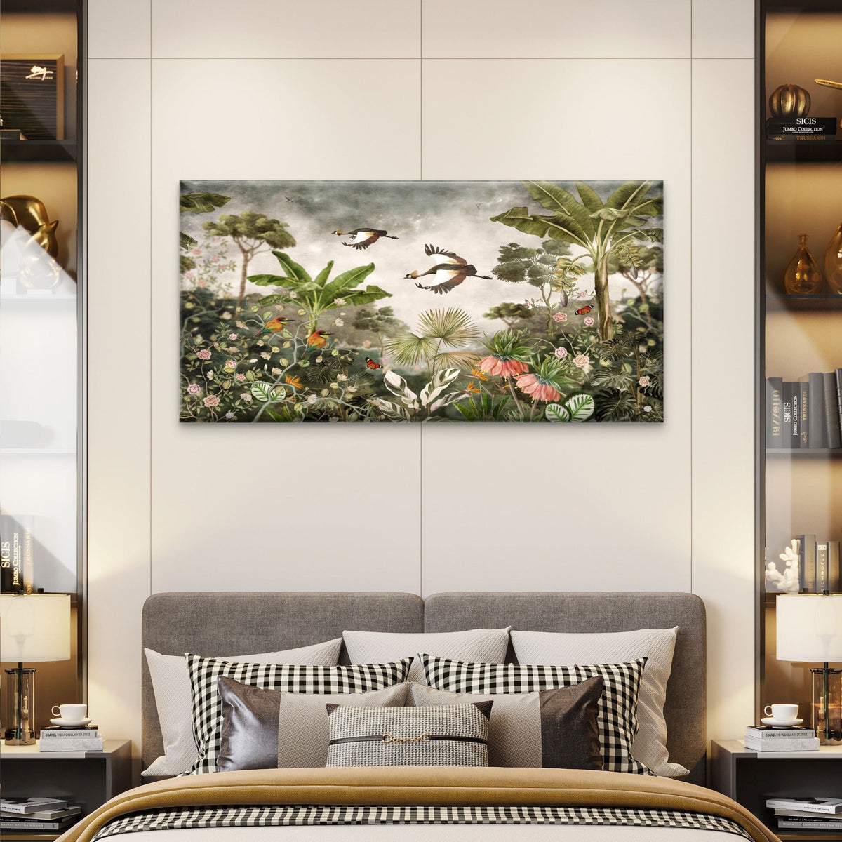Vintage Tropical Jungle Crane Scene Wall Art Canvas Office Home Room Framed 120x60cm