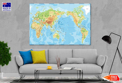 Pacific Centered Color World Map Print 100% Australian Made Stretched Canvas Ready to Hang - MP-103