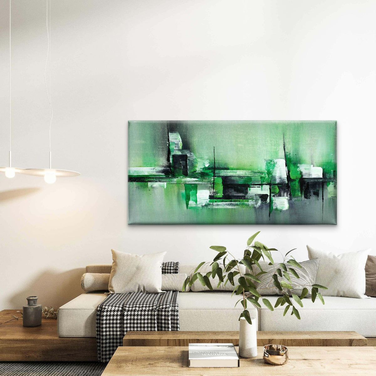Modern Green White Abstract Wall Art Canvas Office Home Room Framed 120x60 cm