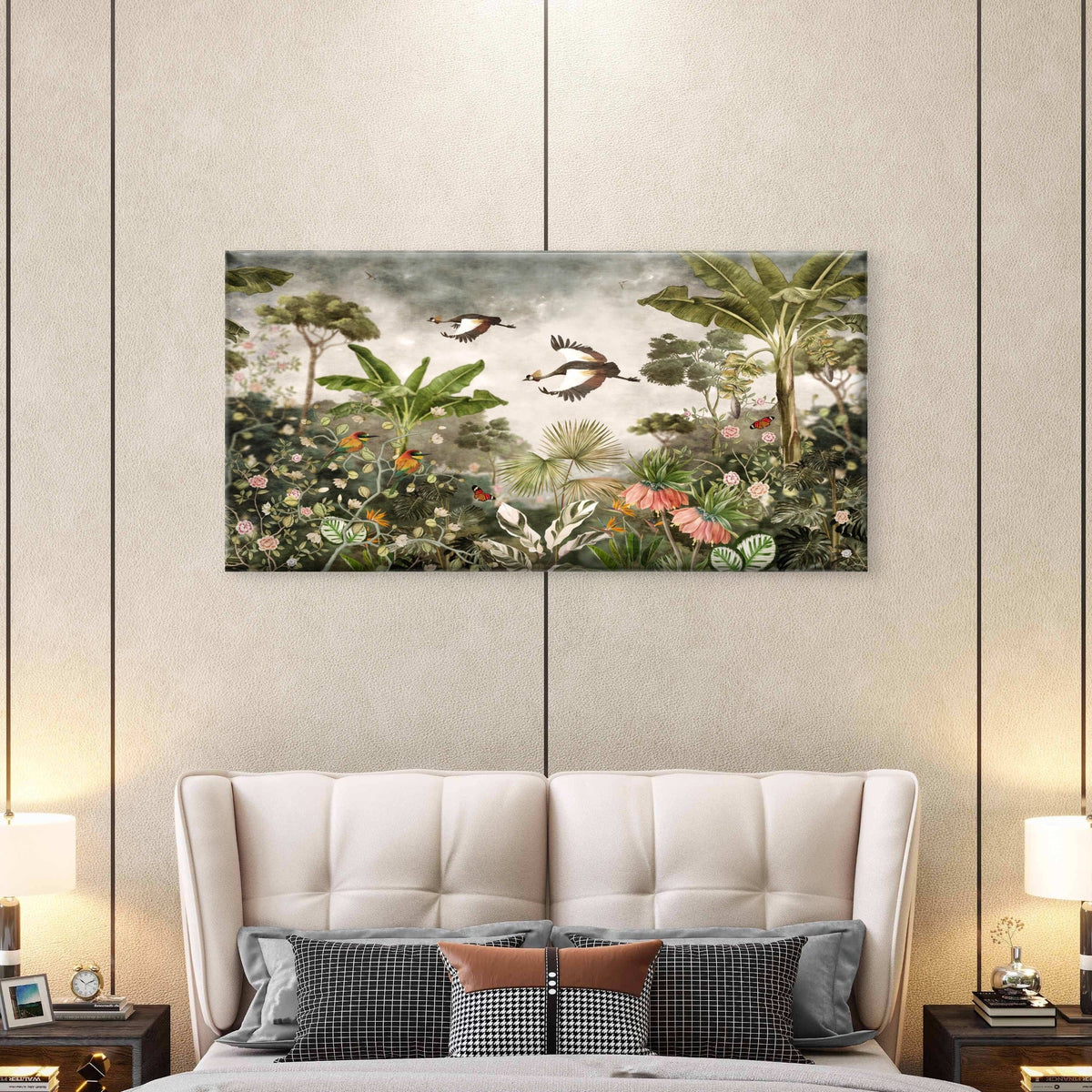 Vintage Tropical Jungle Crane Scene Wall Art Canvas Office Home Room Framed 120x60cm