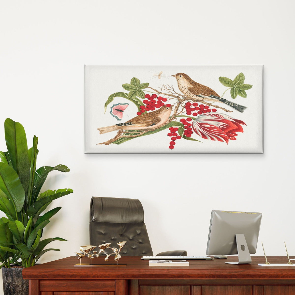 Antique Songbird Floral Study Wall Art Canvas Office Home Room Framed 120x60cm